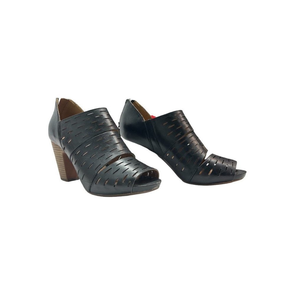 Clarks Womens 9.5 Artisan Okena Sass Black Leather Laser Cut Booties Block Heel